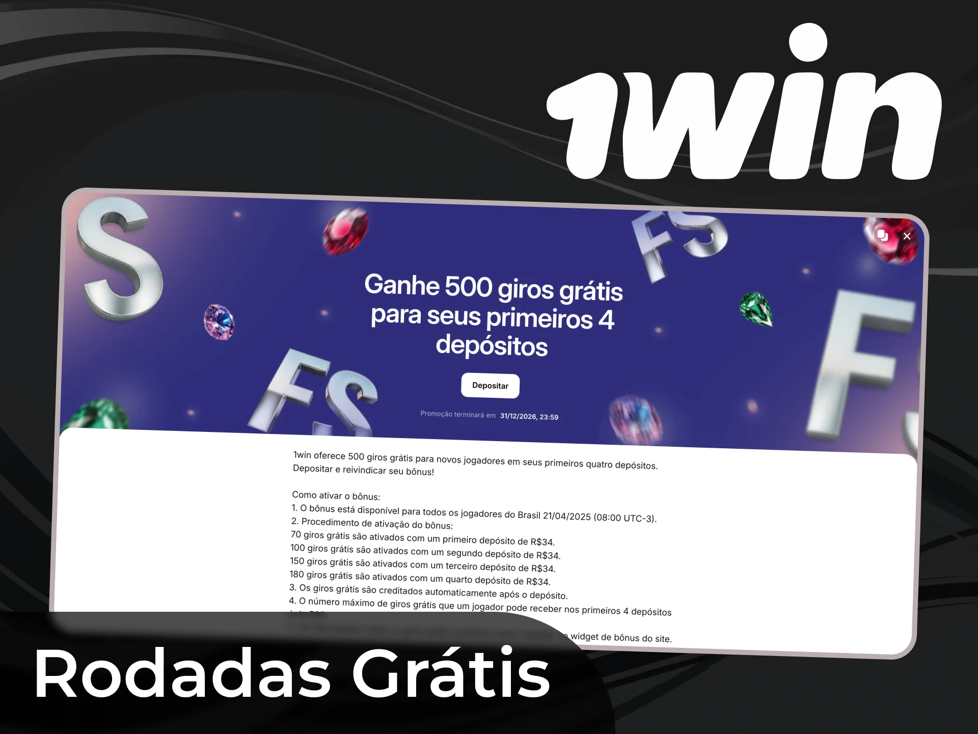 Ganhe rodadas grátis nos seus primeiros 4 depósitos na 1win.